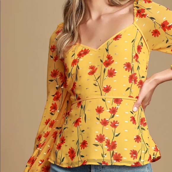 Mustard Yellow Floral Print Peplum Top - Picture 4 of 5